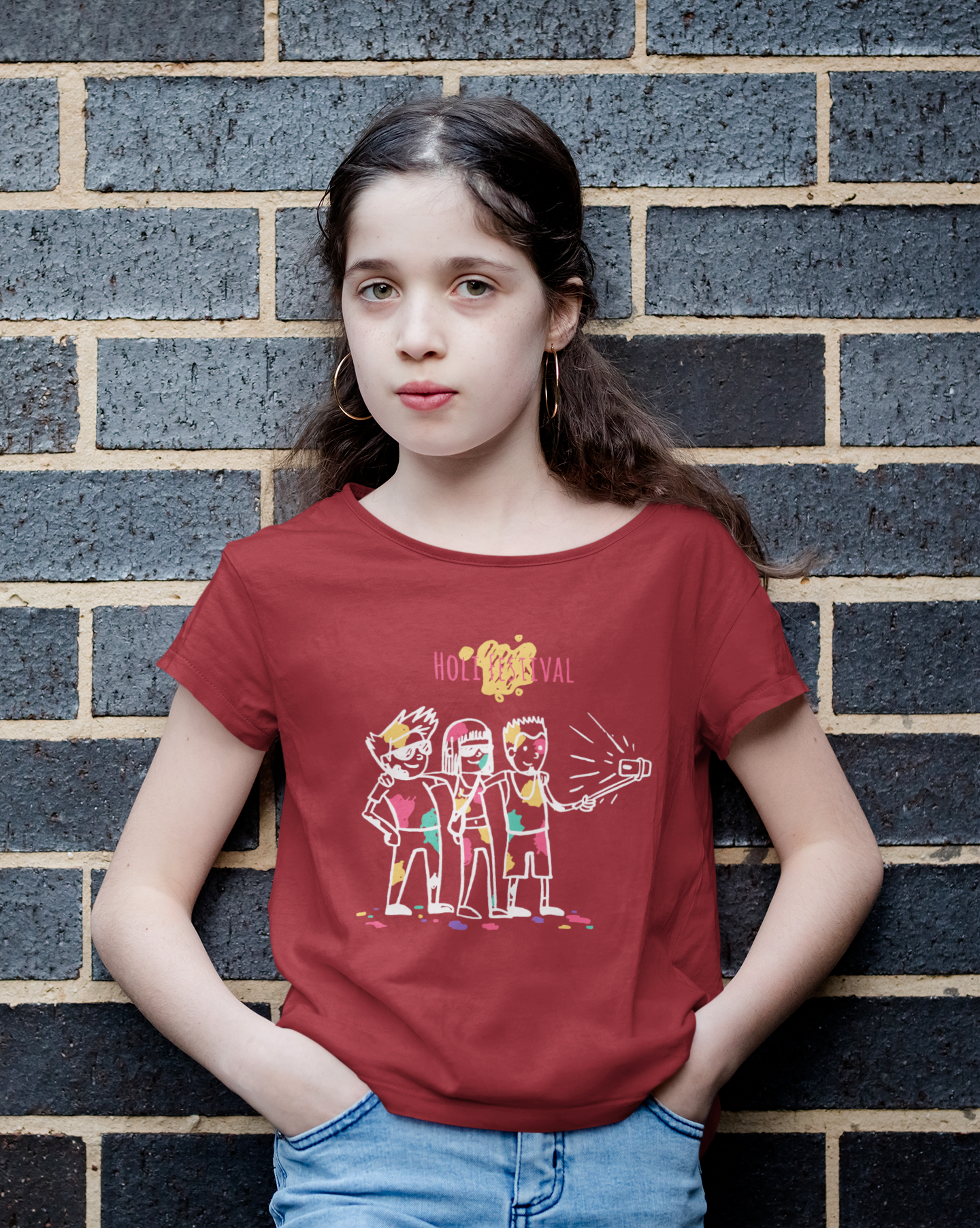 Friends Selfie Holi Half Sleeves T-Shirt For Girls -FunkyTeesClub