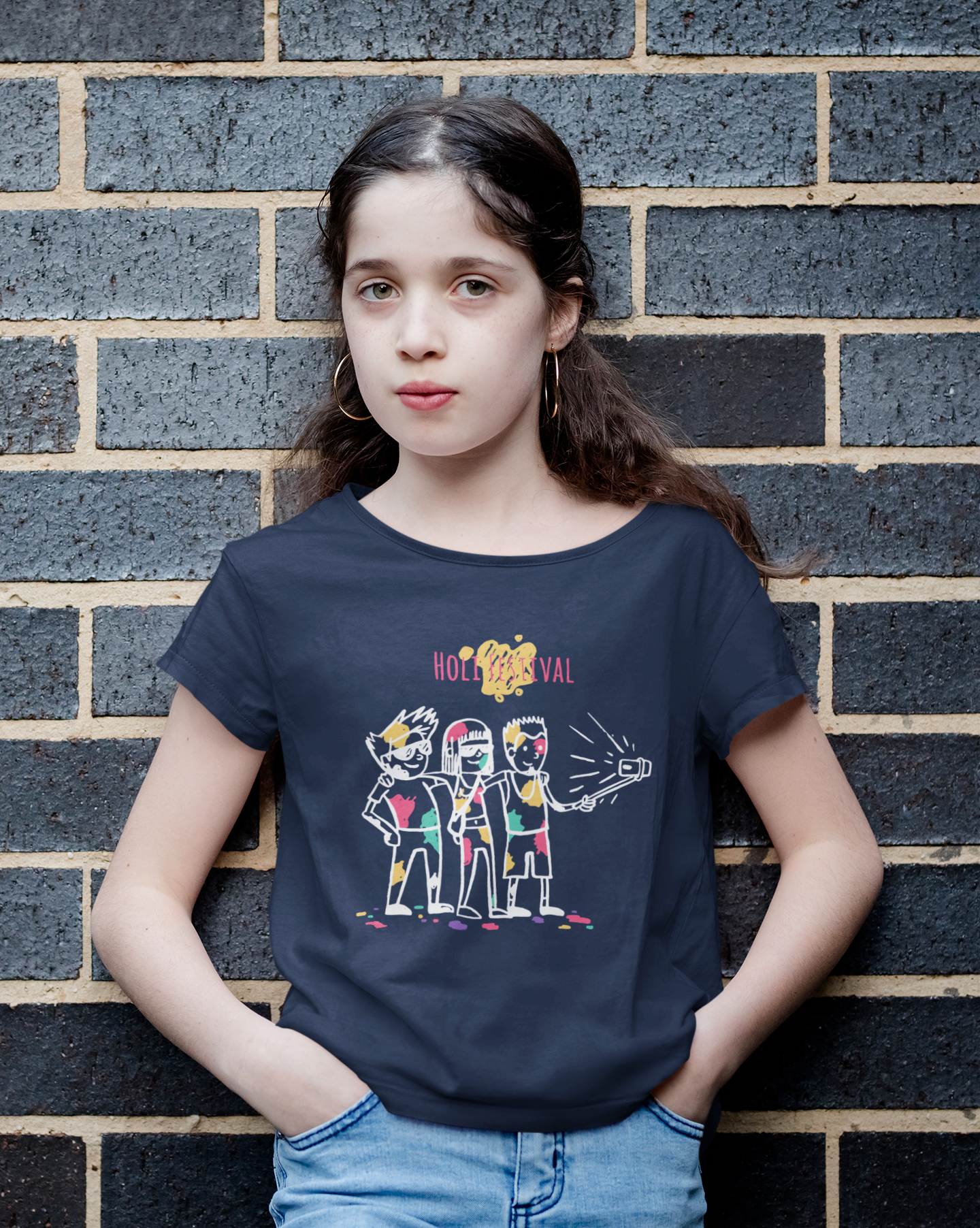 Friends Selfie Holi Half Sleeves T-Shirt For Girls -FunkyTeesClub