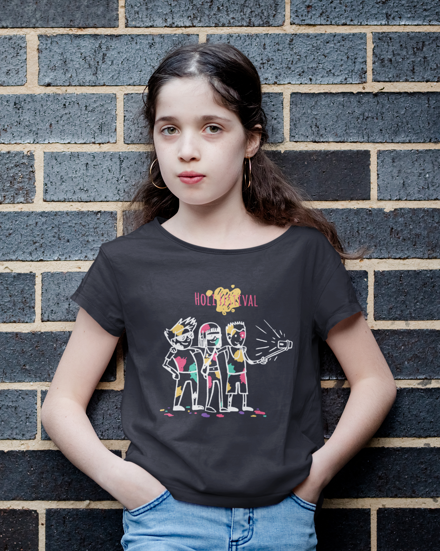 Friends Selfie Holi Half Sleeves T-Shirt For Girls -FunkyTeesClub