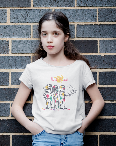Friends Selfie Holi Half Sleeves T-Shirt For Girls -FunkyTeesClub