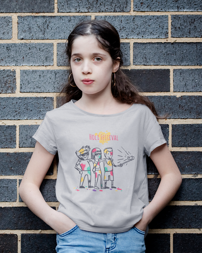 Friends Selfie Holi Half Sleeves T-Shirt For Girls -FunkyTeesClub
