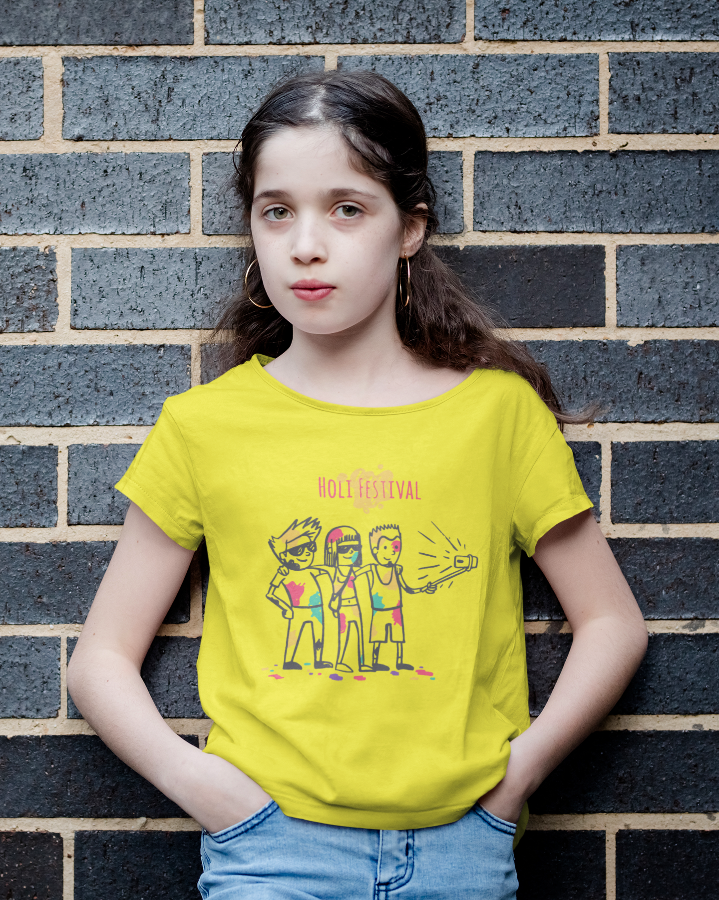 Friends Selfie Holi Half Sleeves T-Shirt For Girls -FunkyTeesClub