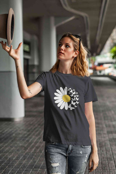 Cute Butterfly Daizy Graphic Women Half Sleeves T-shirt- FunkyTeesClub