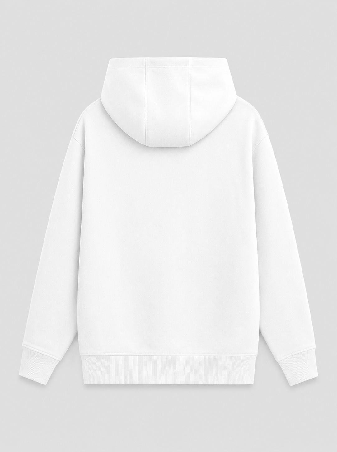 A plain white pullover hoodie shown from the back, photographed on a light gray studio background.