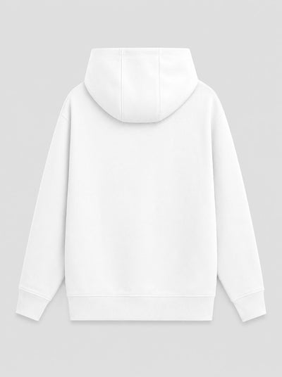 A plain white pullover hoodie shown from the back, photographed on a light gray studio background.
