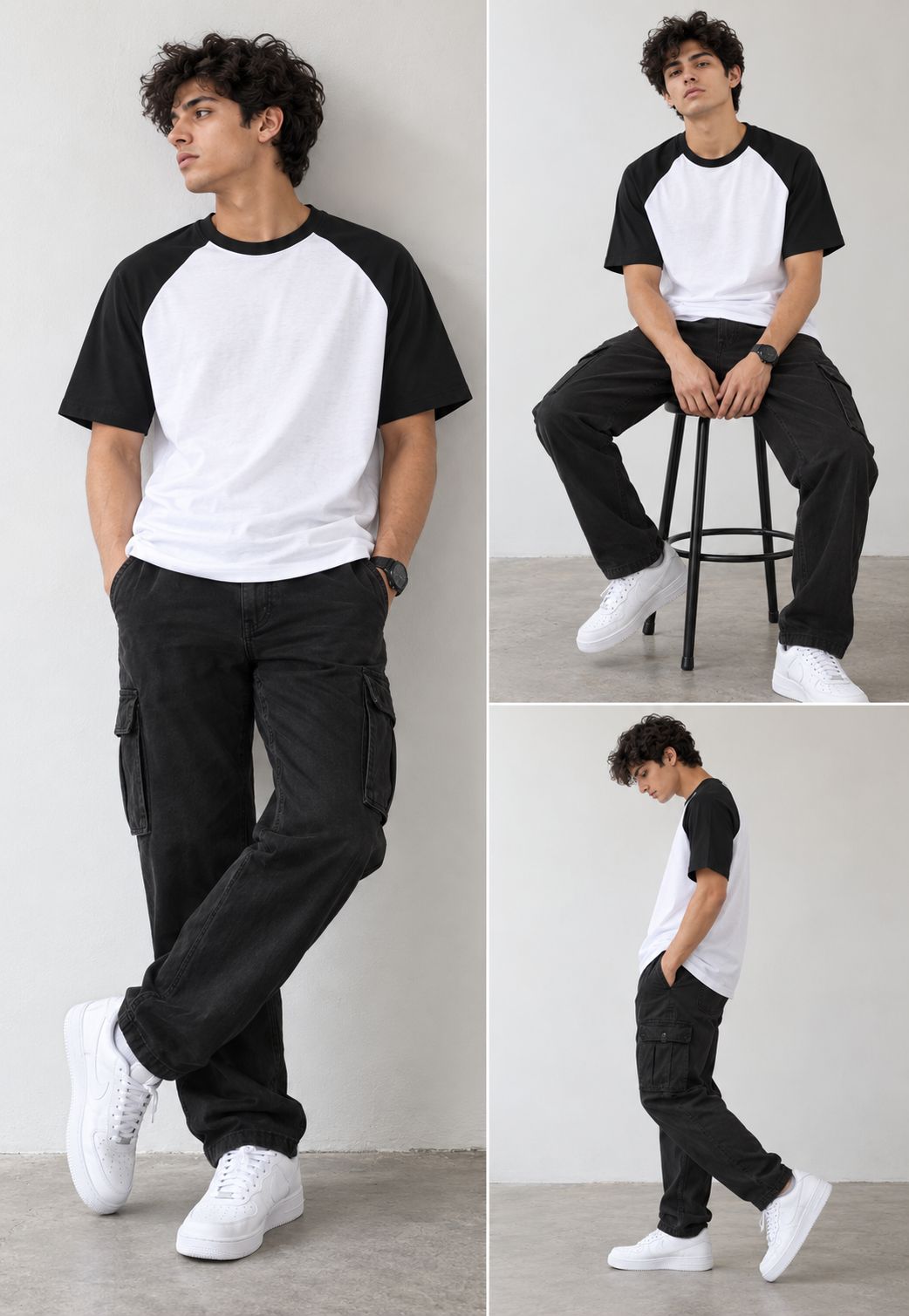 A three-panel lifestyle photo of a man modeling a black and white raglan t-shirt, black cargo pants, and white sneakers against a minimalist light gray studio background.