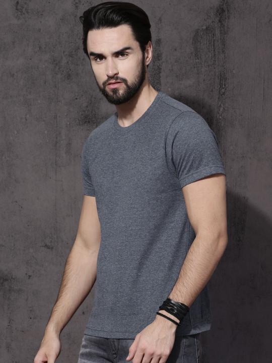 Plain charcoal melange Half Sleeves T-Shirt-FunkyTeesClub