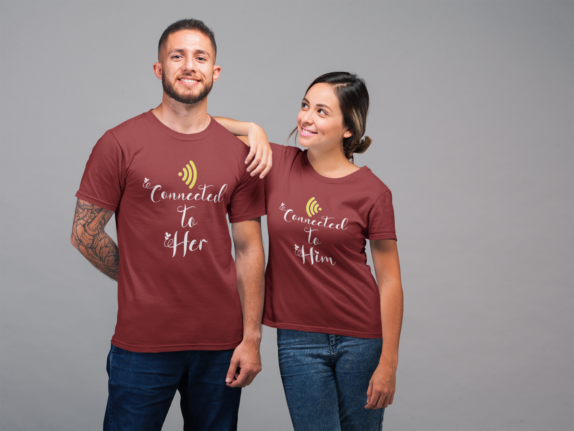 Connected To Him Couple Half Sleeves T-Shirts -FunkyTeesClub