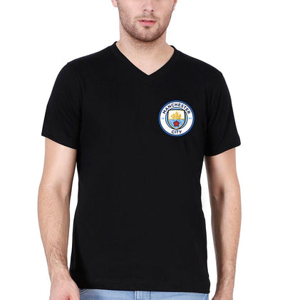 Manchester City Logo Men V Neck Half Sleeves T-Shirts-FunkyTeesClub