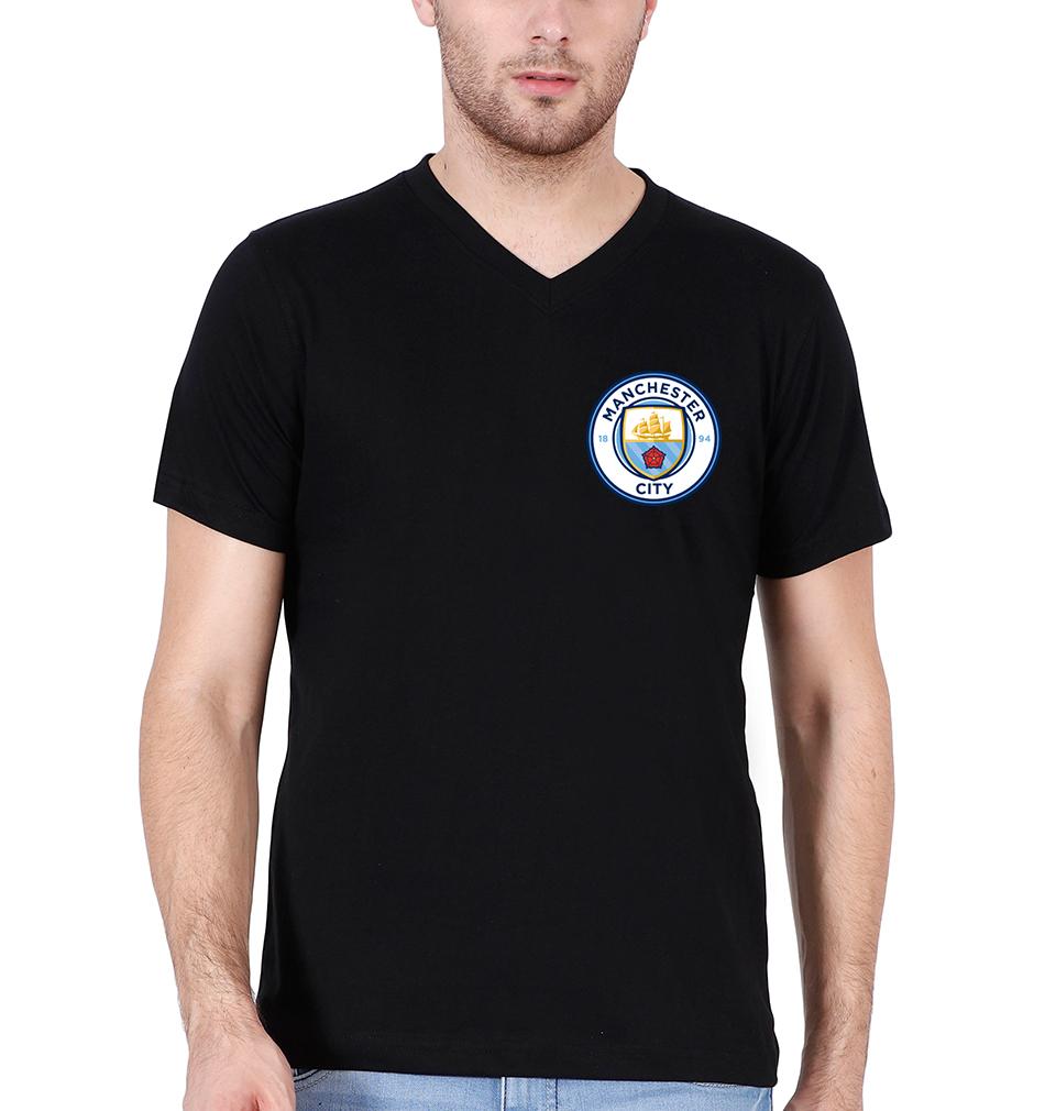 Manchester City Logo Men V Neck Half Sleeves T-Shirts-FunkyTeesClub