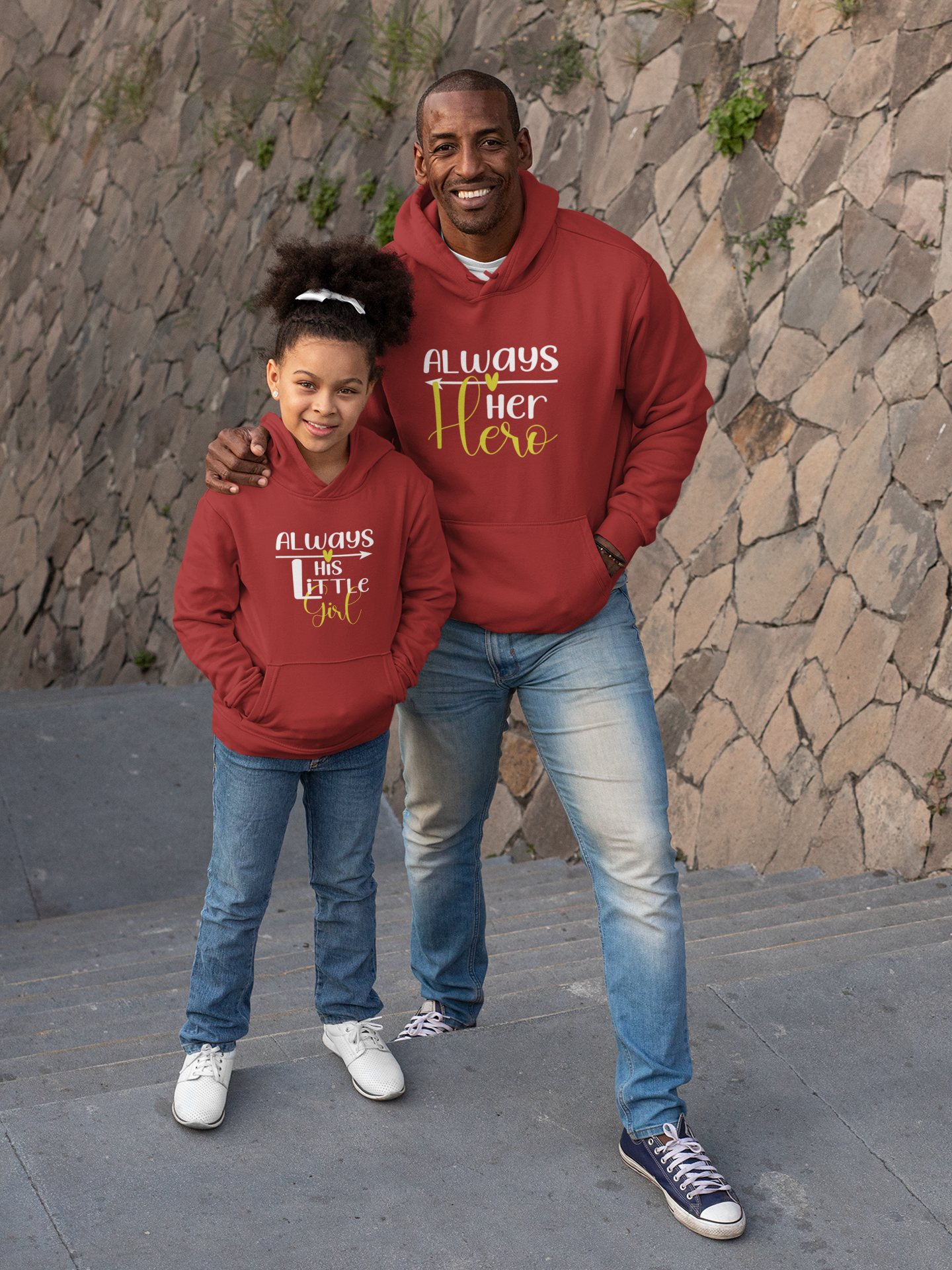 Always Her Hero Father and Daughter Red Matching Hoodies- FunkyTeesClub