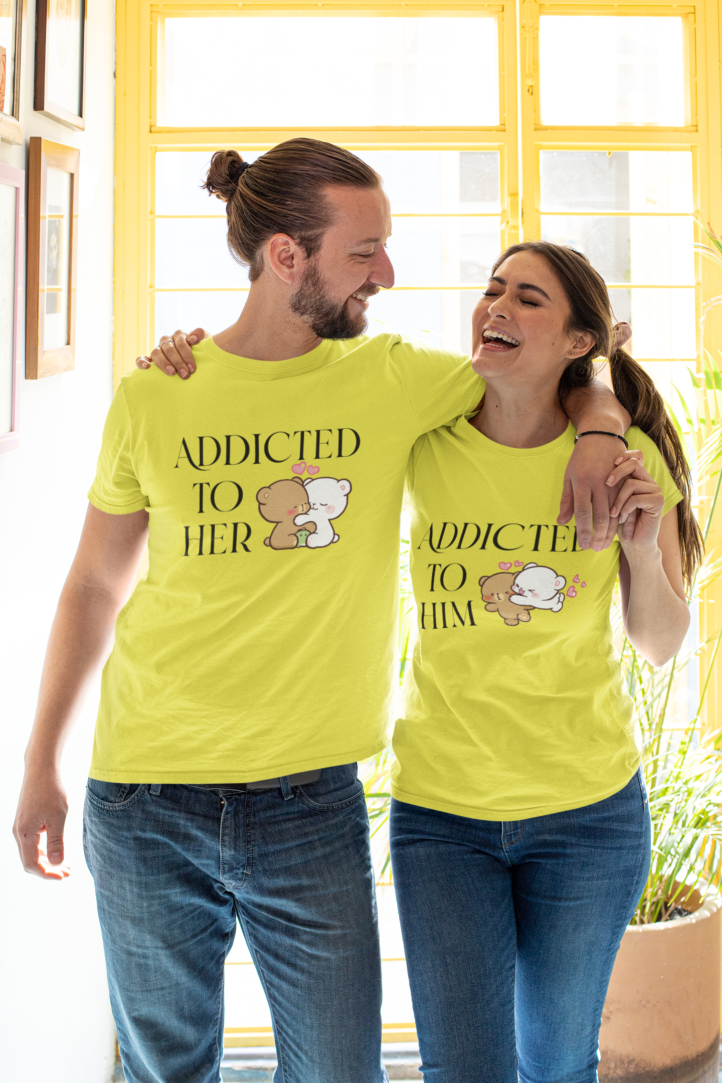 Addicted To Him Couple Half Sleeves T-Shirts -FunkyTeesClub