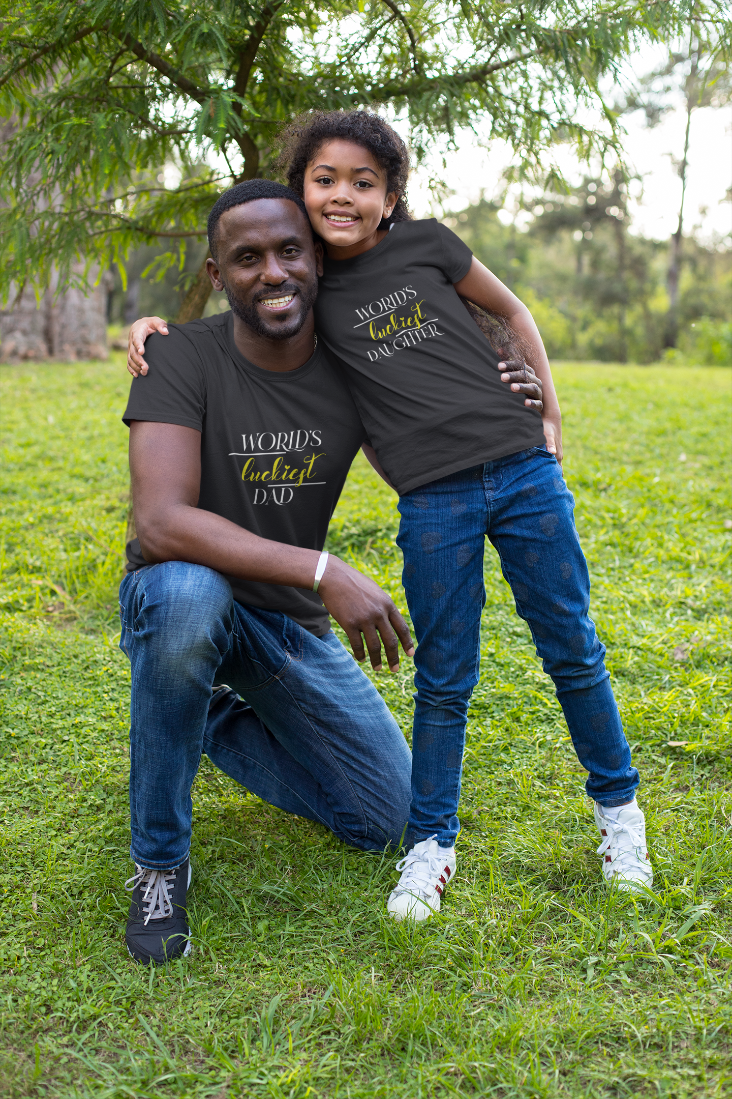 Luckiest Dad Father and Daughter Black Matching T-Shirt- FunkyTeesClub
