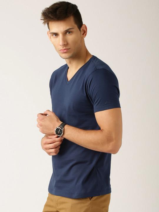 Plain Navy Blue V Neck T-Shirt-FunkyTeesClub