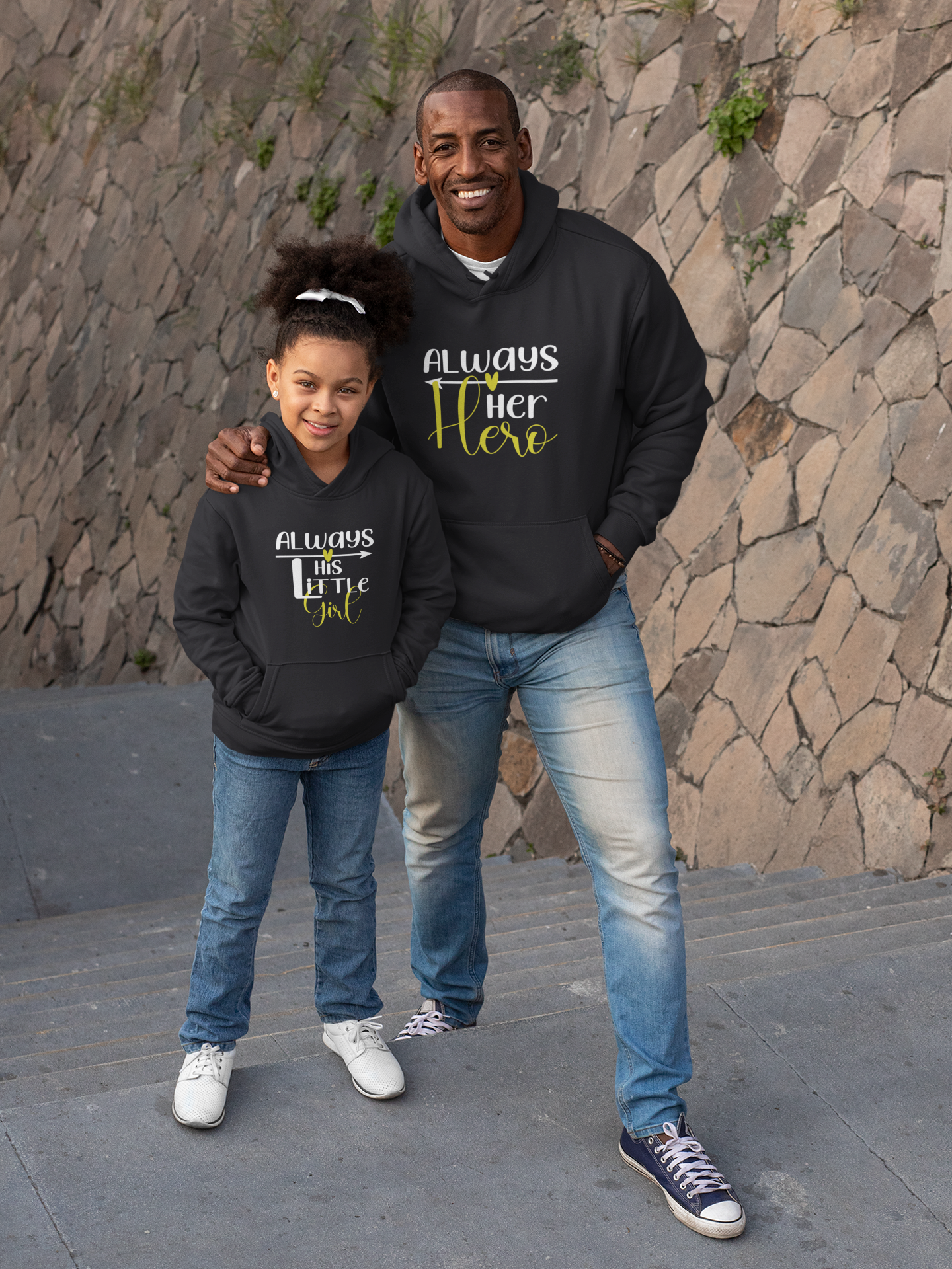 Always Her Hero Father and Daughter Black Matching Hoodies- FunkyTeesClub