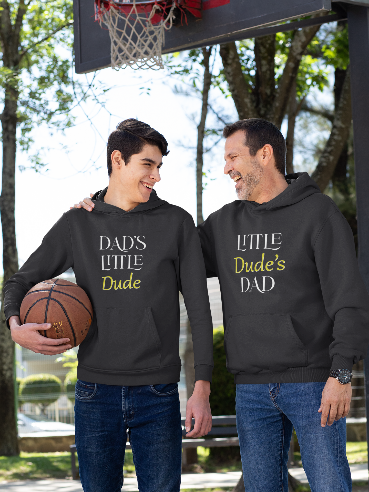 Dads Little Dude Father and Son Black Matching Hoodies- FunkyTeesClub