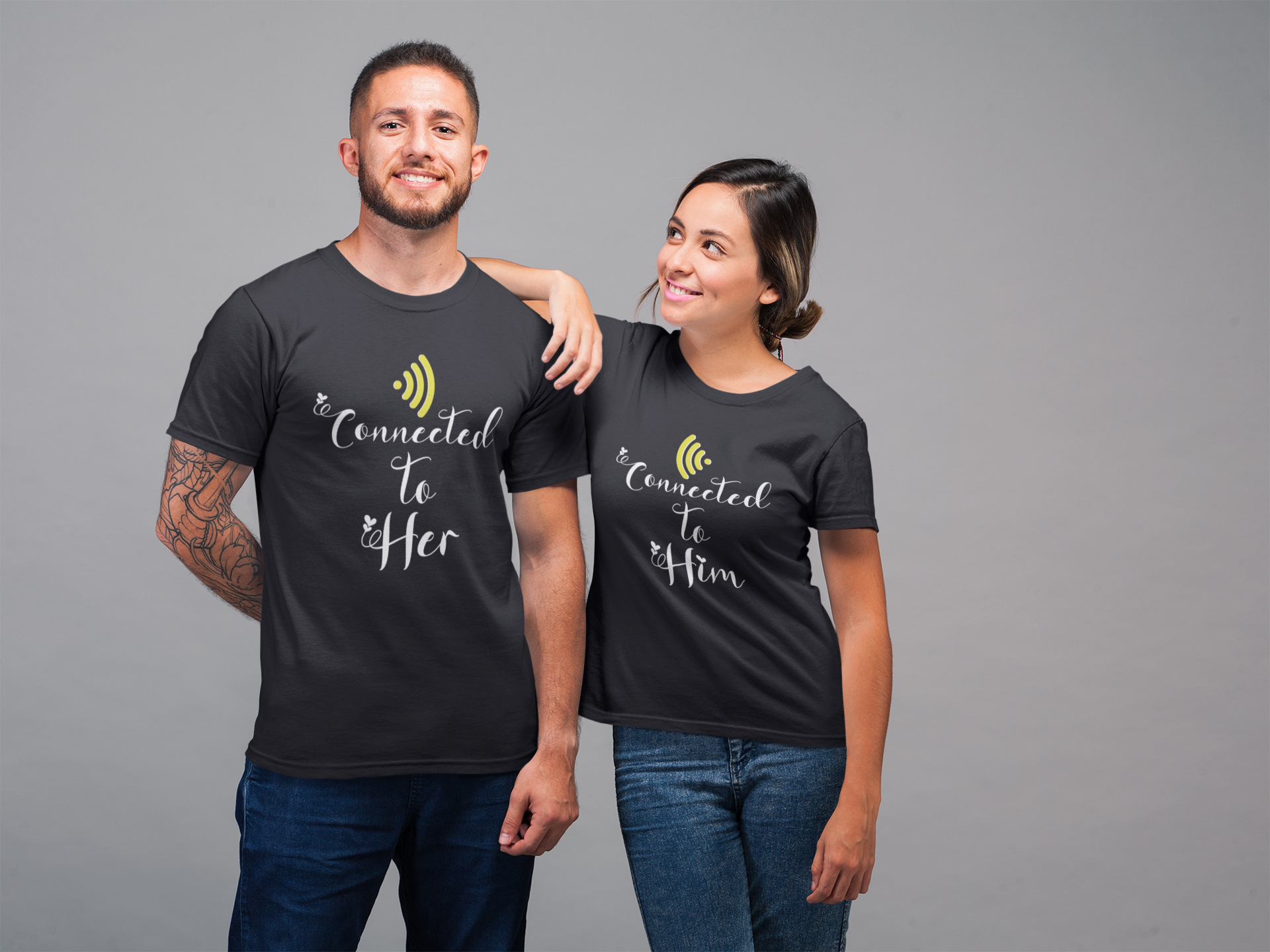 Connected To Him Couple Half Sleeves T-Shirts -FunkyTeesClub
