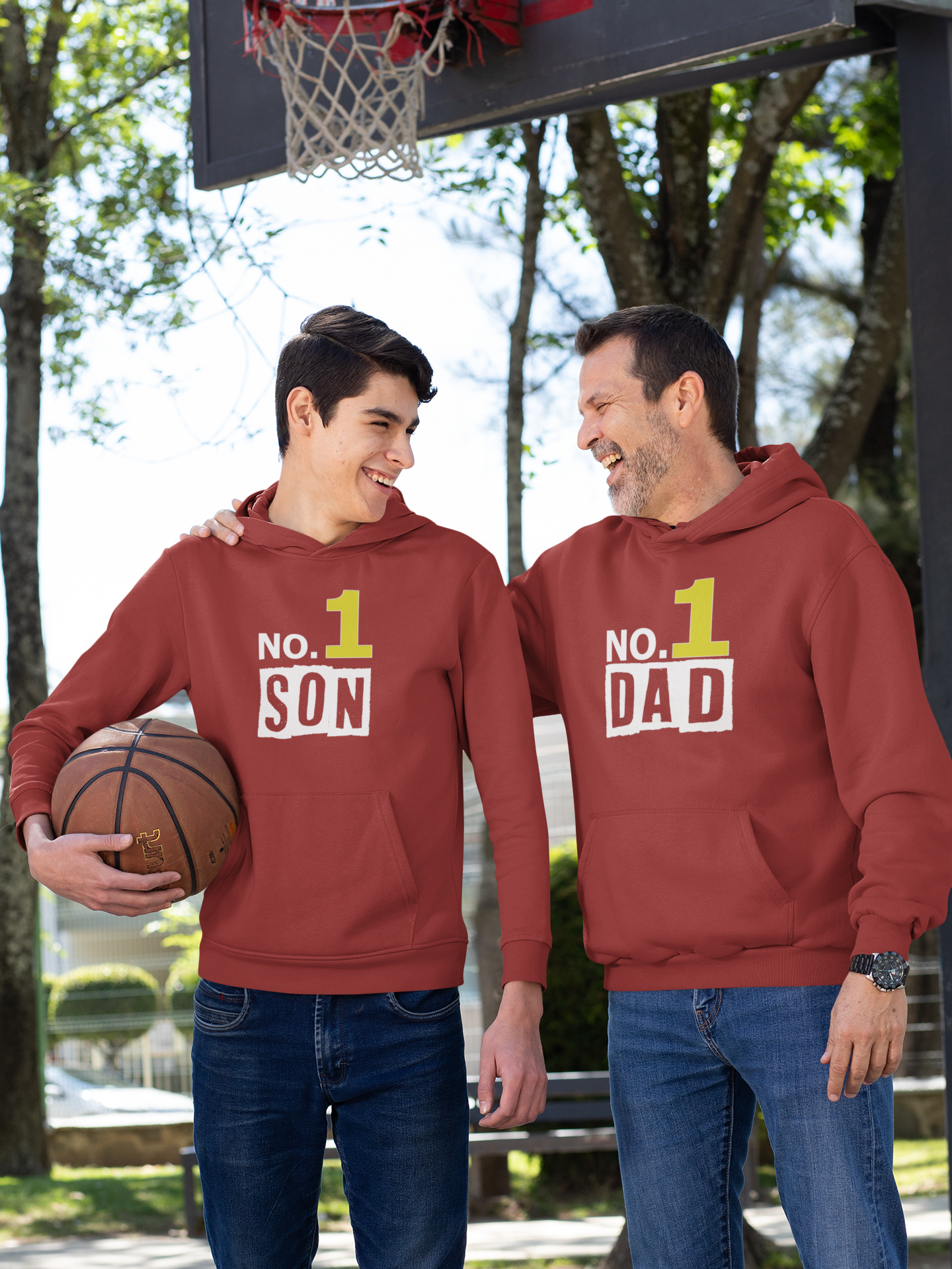 No 1 Dad Father and Son Red Matching Hoodies- FunkyTeesClub