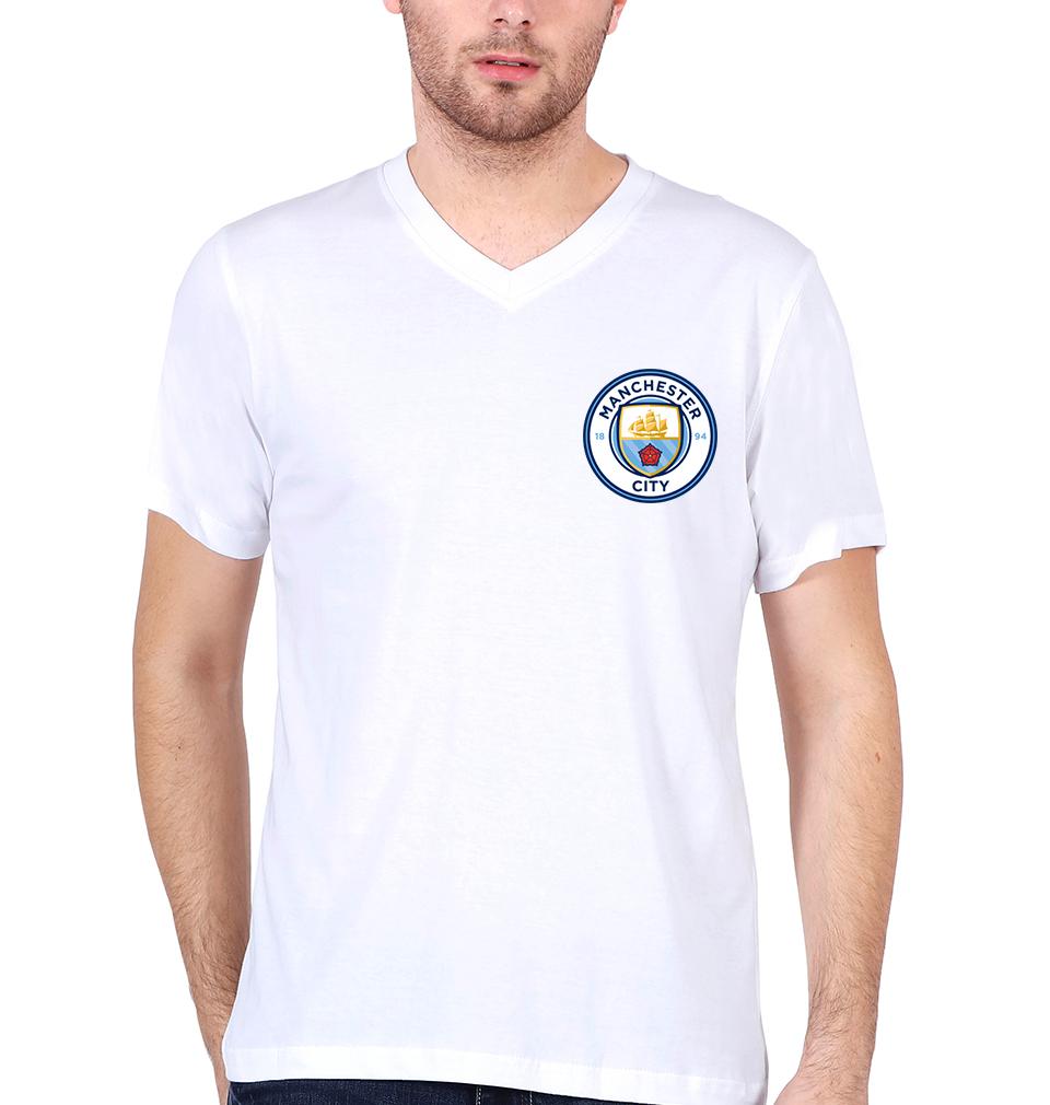 Manchester City Logo Men V Neck Half Sleeves T-Shirts-FunkyTeesClub