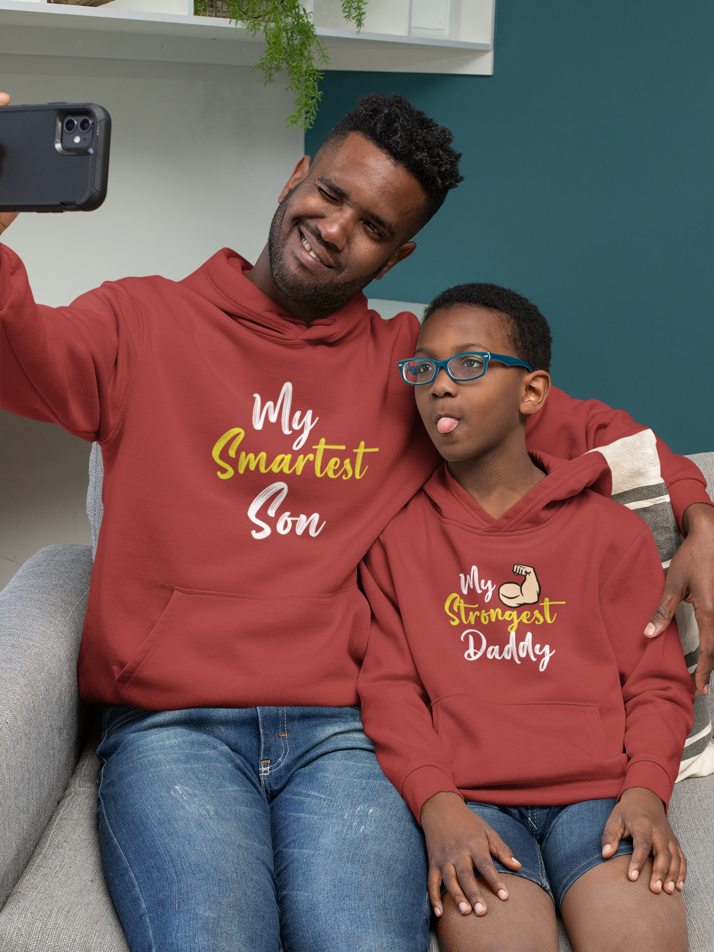My Smartest Son Father and Son Red Matching Hoodies- FunkyTeesClub