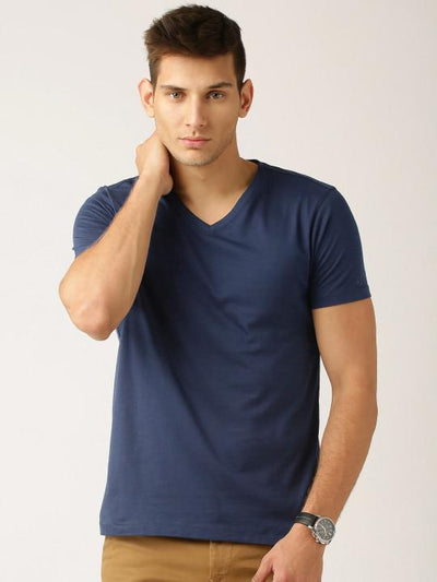 Plain Navy Blue V Neck T-Shirt-FunkyTeesClub