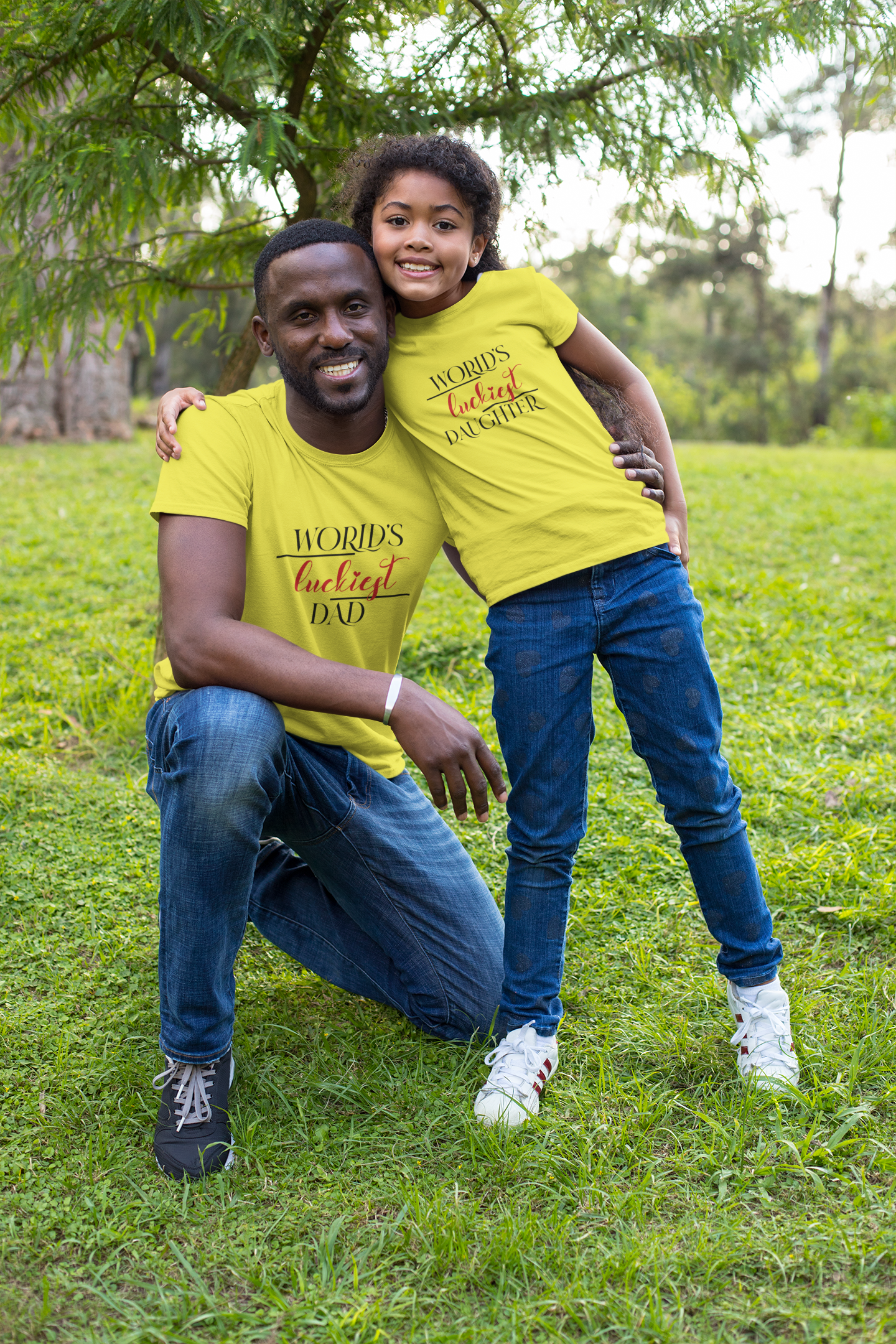 Luckiest Dad Father and Daughter Yellow Matching T-Shirt- FunkyTeesClub
