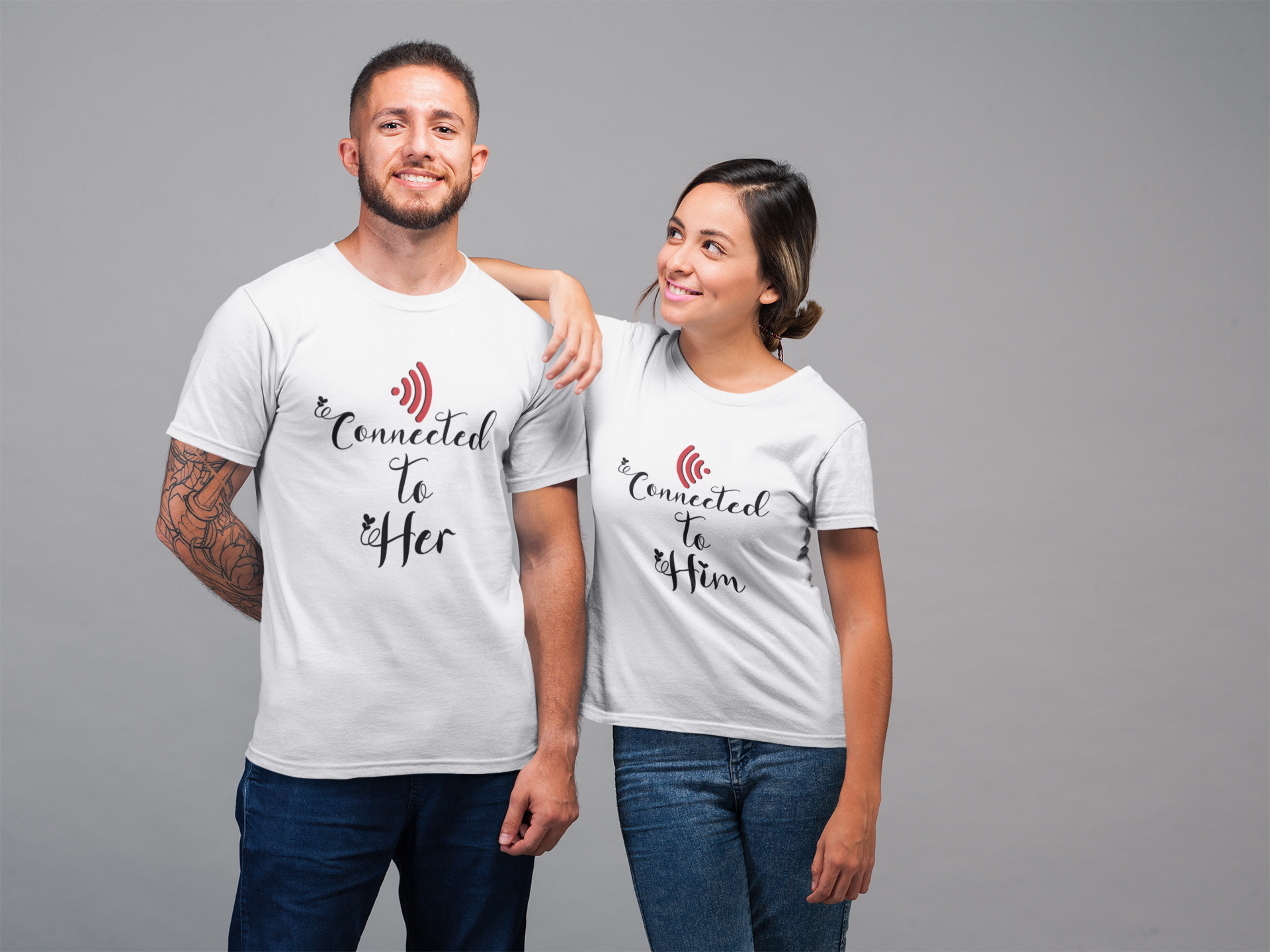 Connected To Him Couple Half Sleeves T-Shirts -FunkyTeesClub