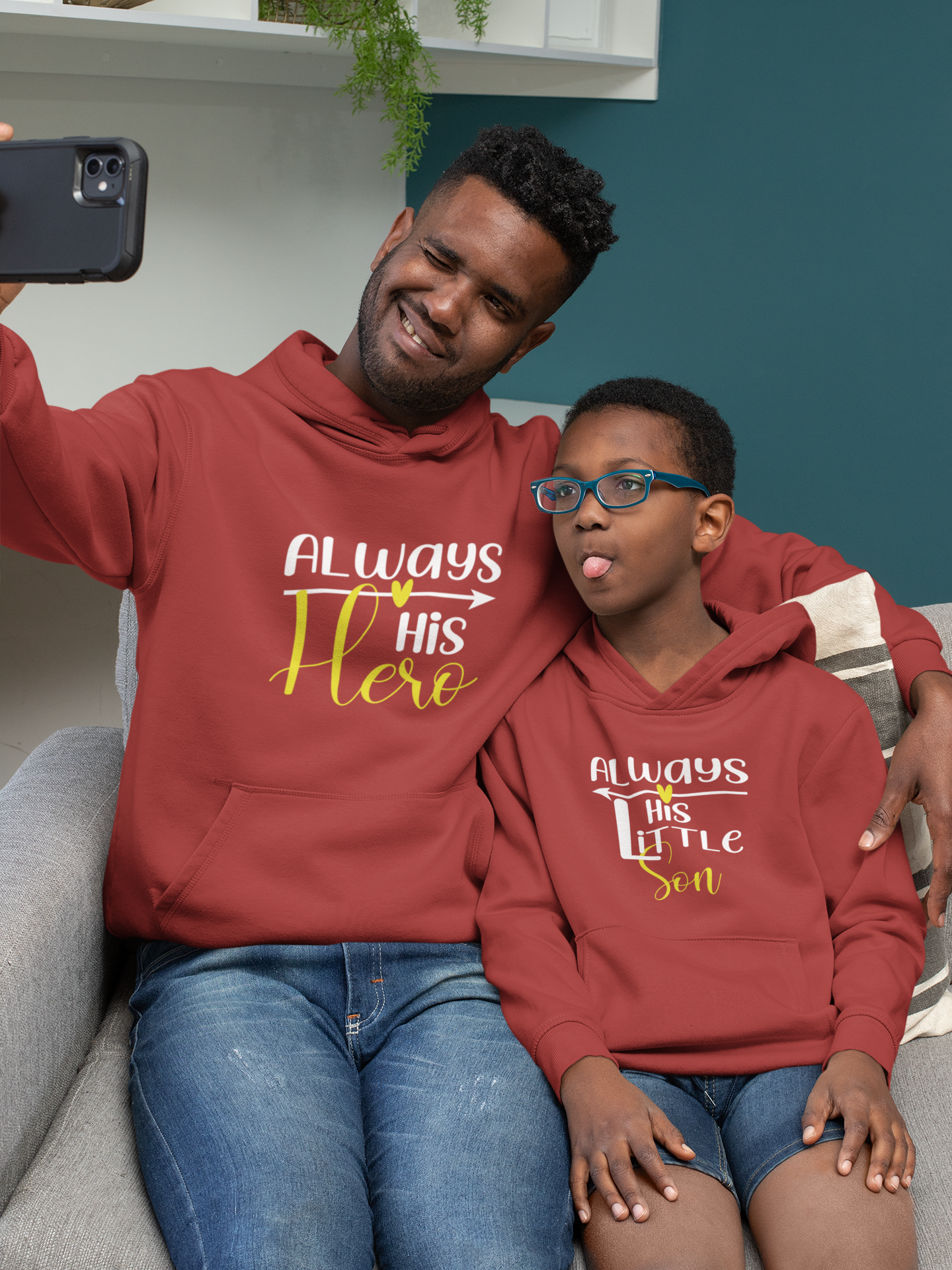 Always His Hero Father and Son Red Matching Hoodies- FunkyTeesClub