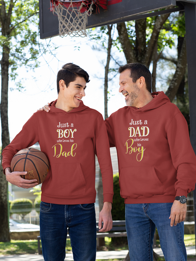 Just A Boy Who Love His Dad Father and Son Red Matching Hoodies- FunkyTeesClub