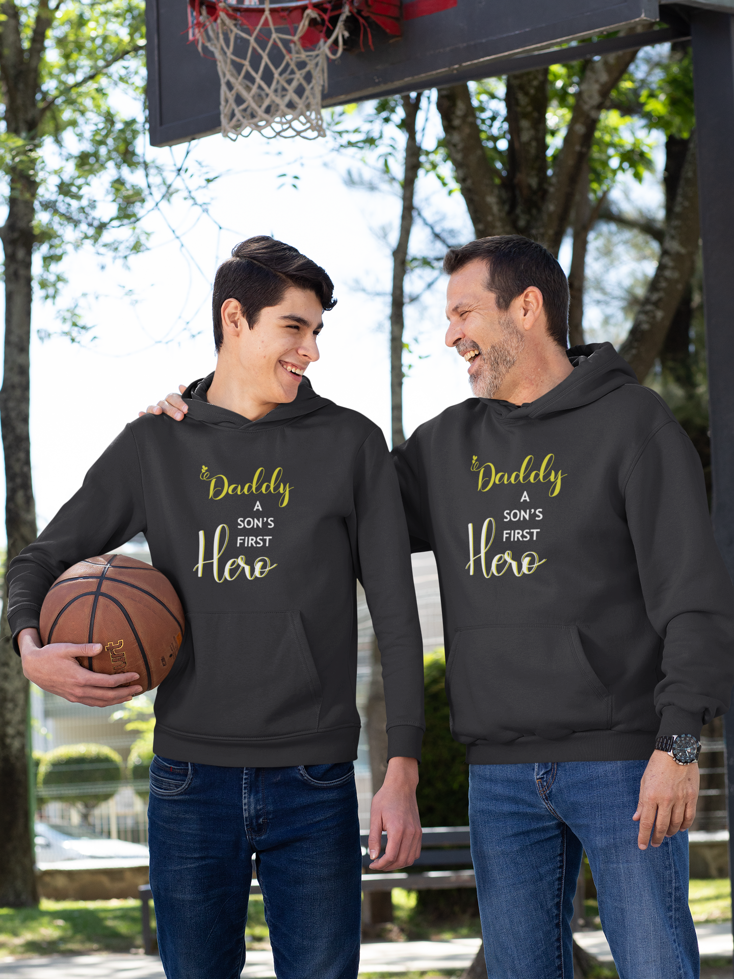 Daddy A Sons First Hero Father and Son Black Matching Hoodies- FunkyTeesClub
