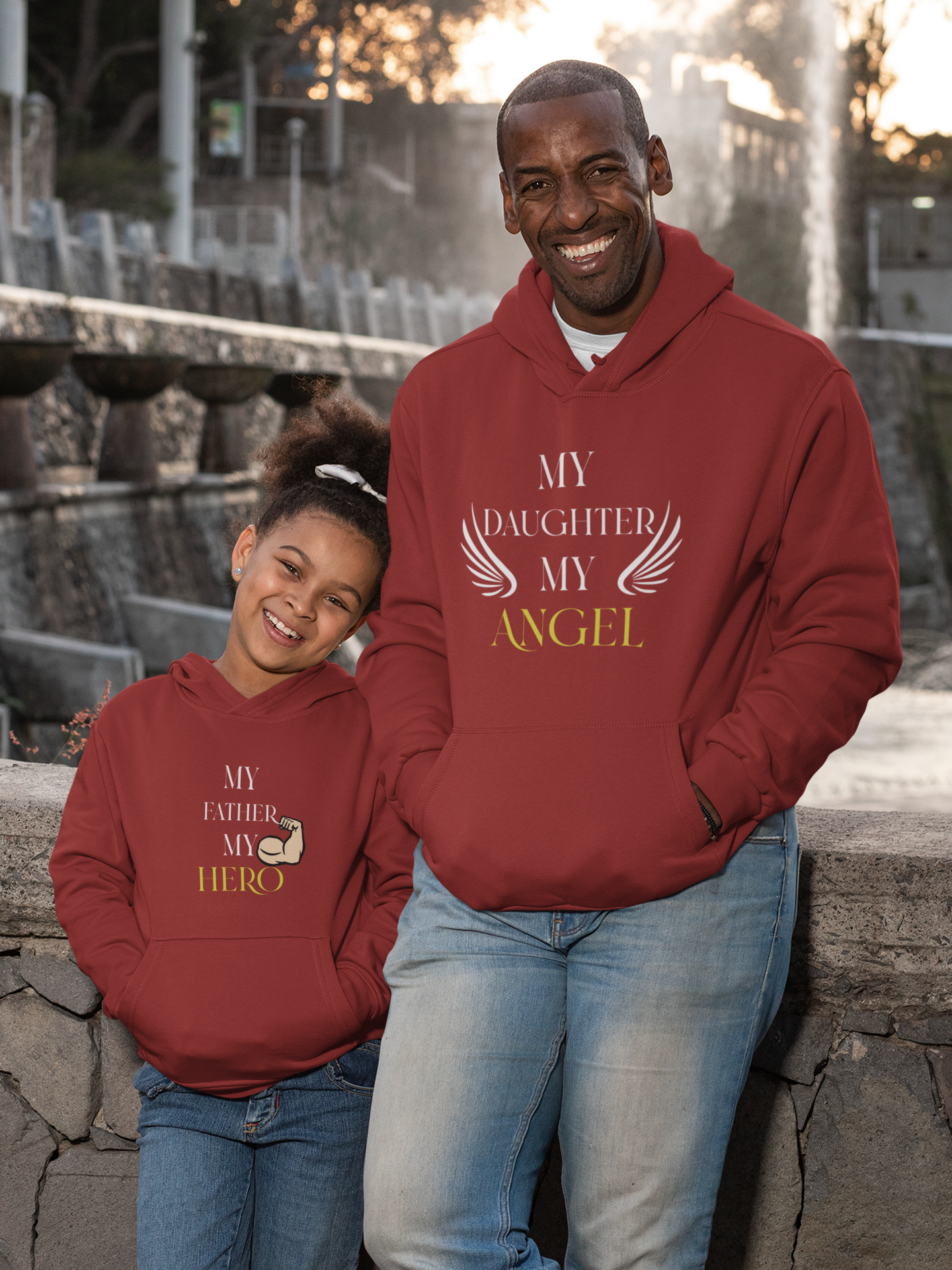 My Father My Hero Father and Daughter Red Matching Hoodies- FunkyTeesClub