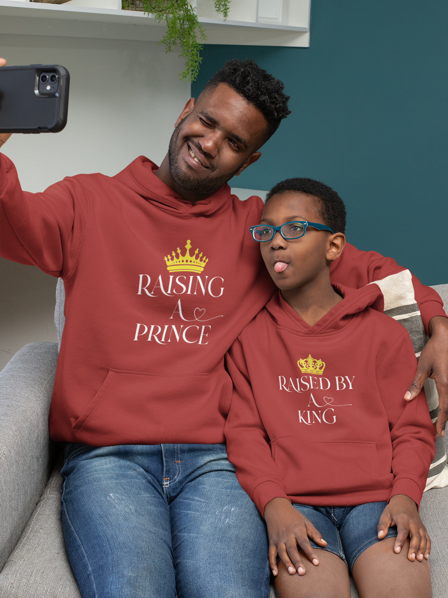 Raised By A King Father and Son Red Matching Hoodies- FunkyTeesClub