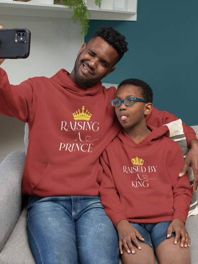 Raised By A King Father and Son Red Matching Hoodies- FunkyTeesClub