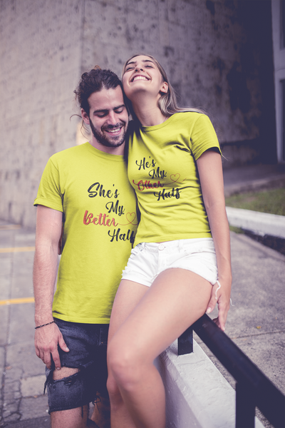 He Is My Better Half Couple Half Sleeves T-Shirts -FunkyTeesClub