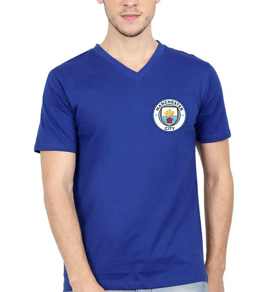 Manchester City Logo Men V Neck Half Sleeves T-Shirts-FunkyTeesClub