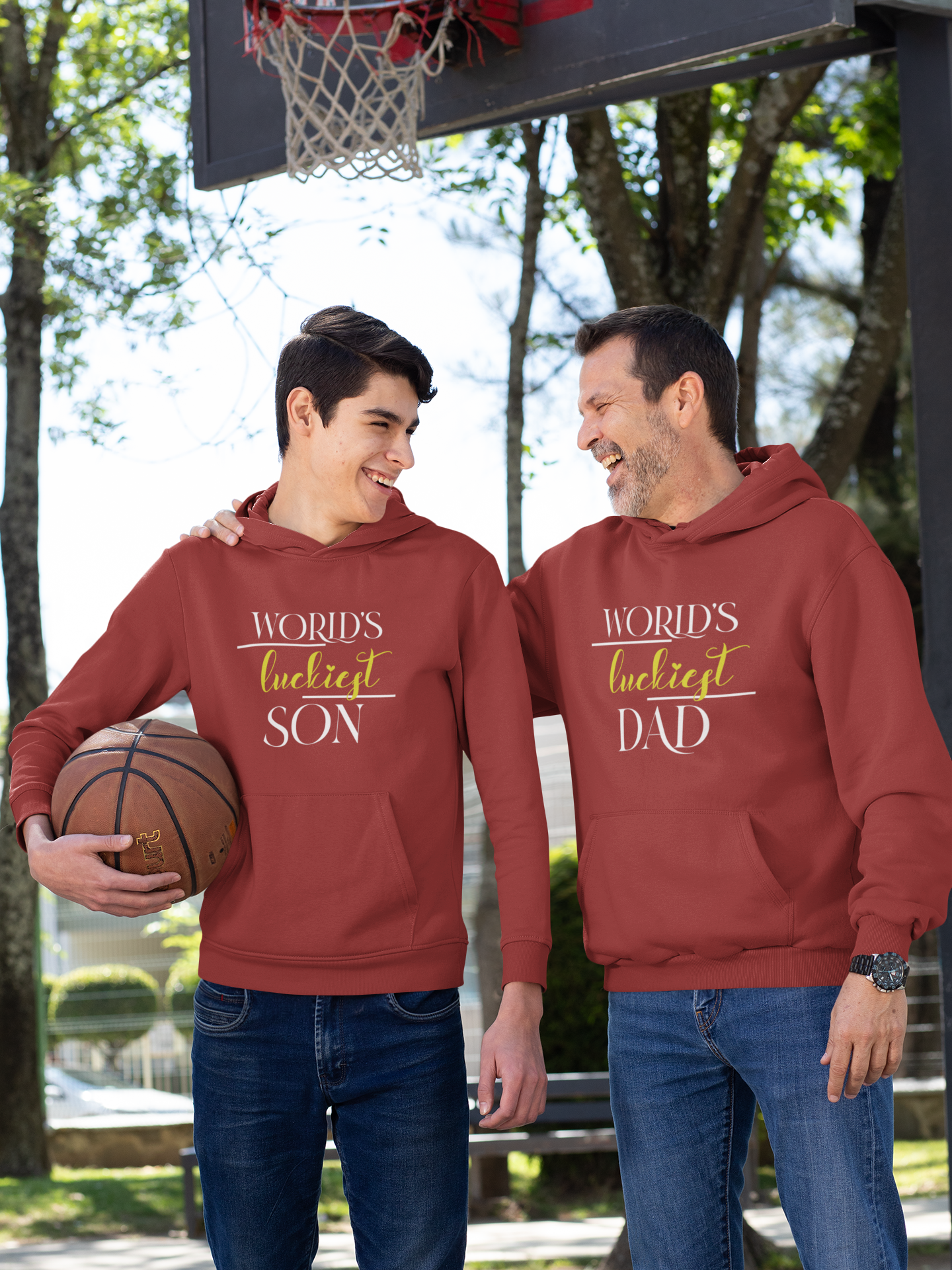 Luckiest Dad Father and Son Red Matching Hoodies- FunkyTeesClub