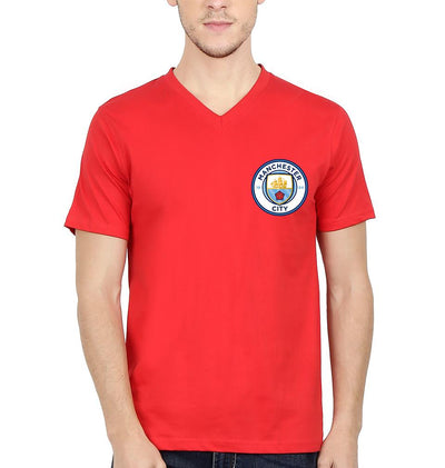 Manchester City Logo Men V Neck Half Sleeves T-Shirts-FunkyTeesClub