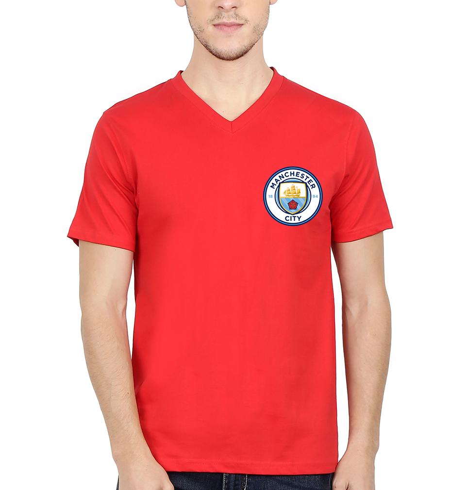 Manchester City Logo Men V Neck Half Sleeves T-Shirts-FunkyTeesClub