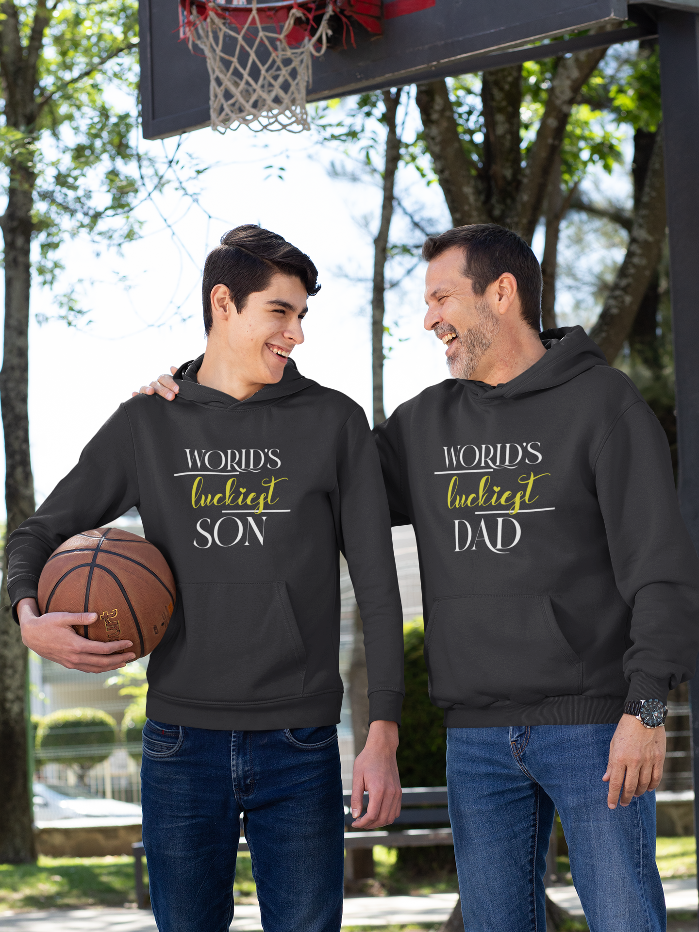Luckiest Dad Father and Son Black Matching Hoodies- FunkyTeesClub