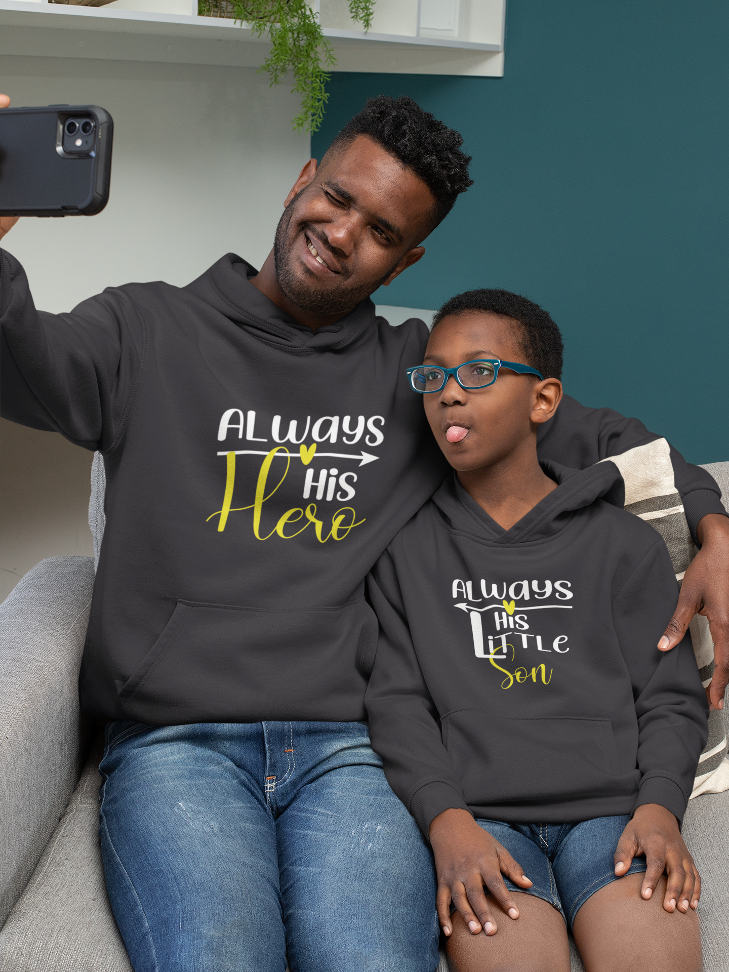 Always His Hero Father and Son Black Matching Hoodies- FunkyTeesClub
