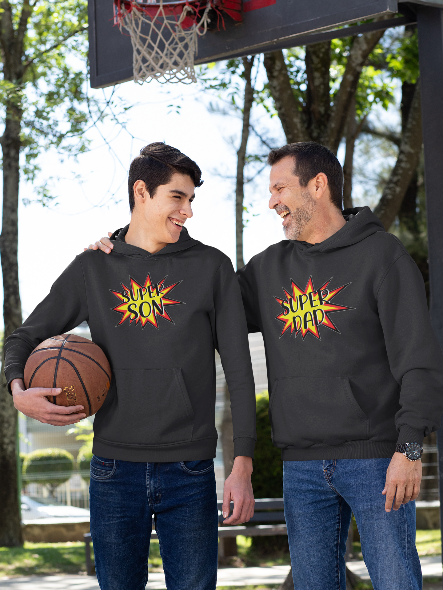 Super Dad Father and Son Black Matching Hoodies- FunkyTeesClub