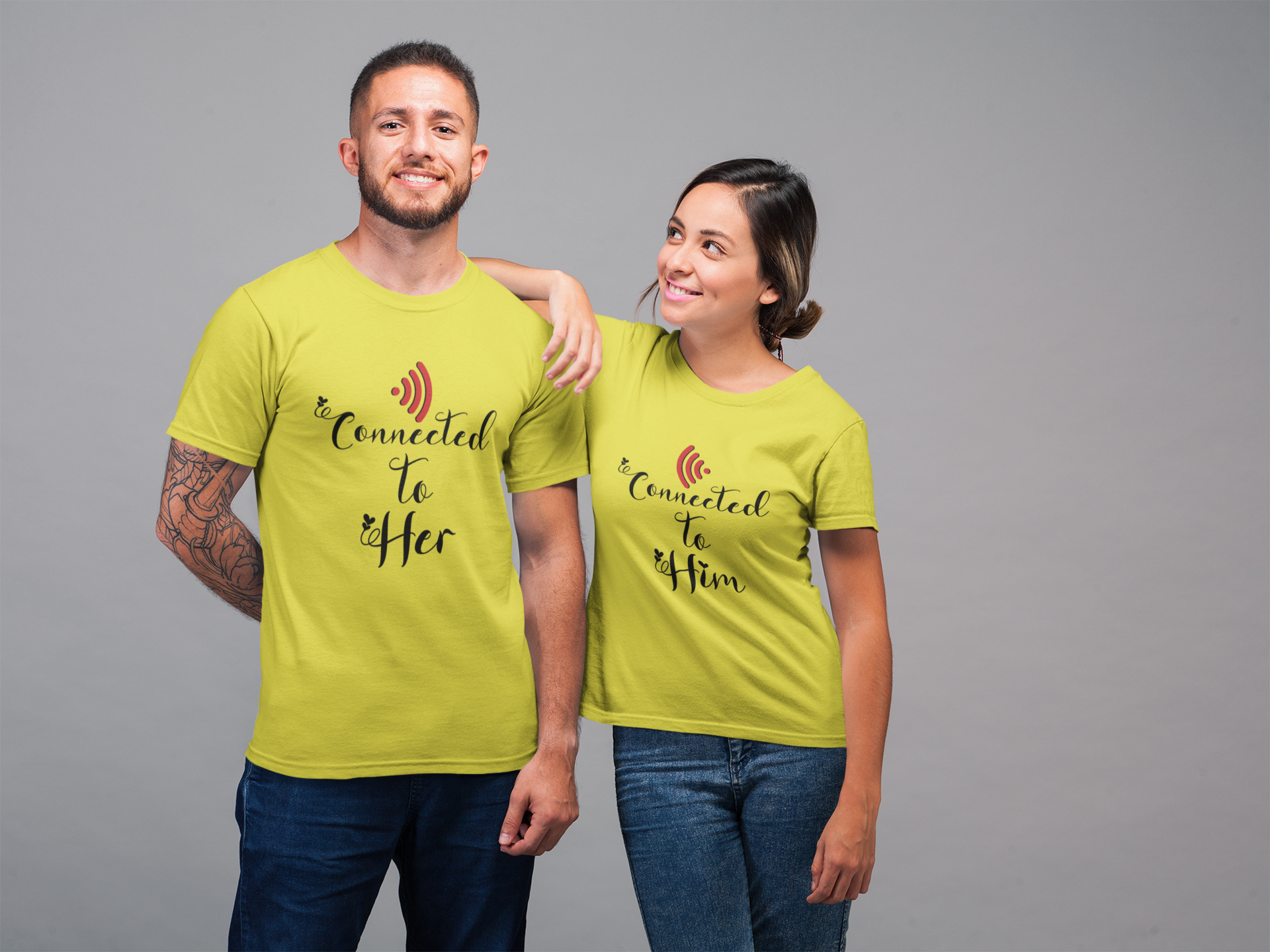 Connected To Him Couple Half Sleeves T-Shirts -FunkyTeesClub