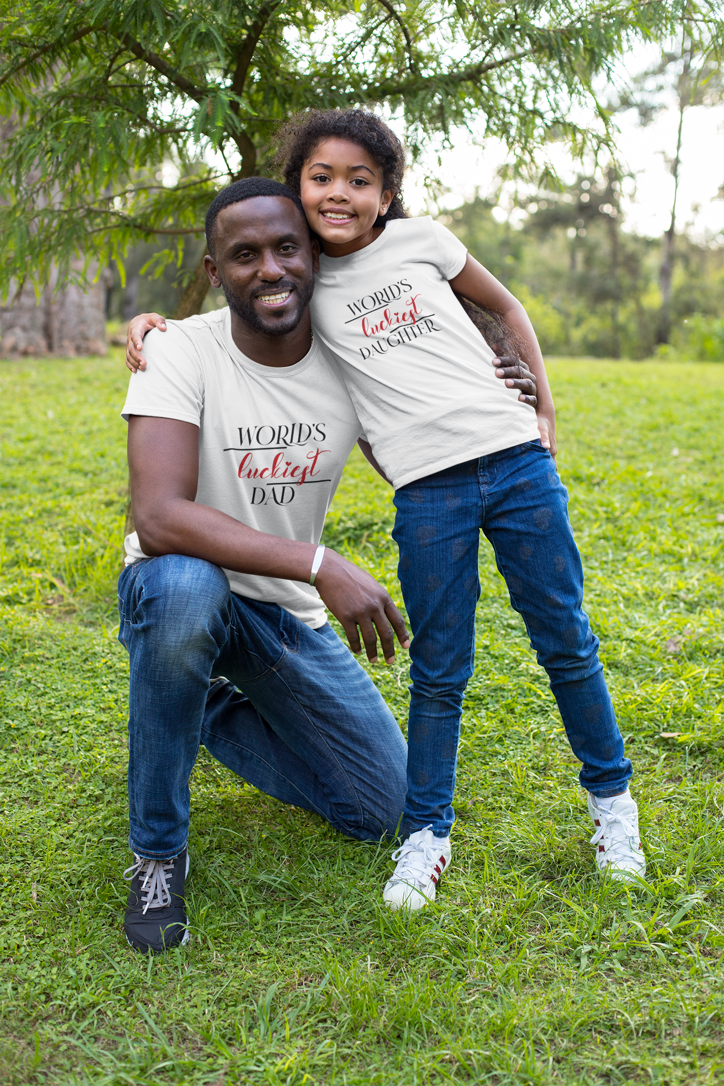 Luckiest Dad Father and Daughter White Matching T-Shirt- FunkyTeesClub