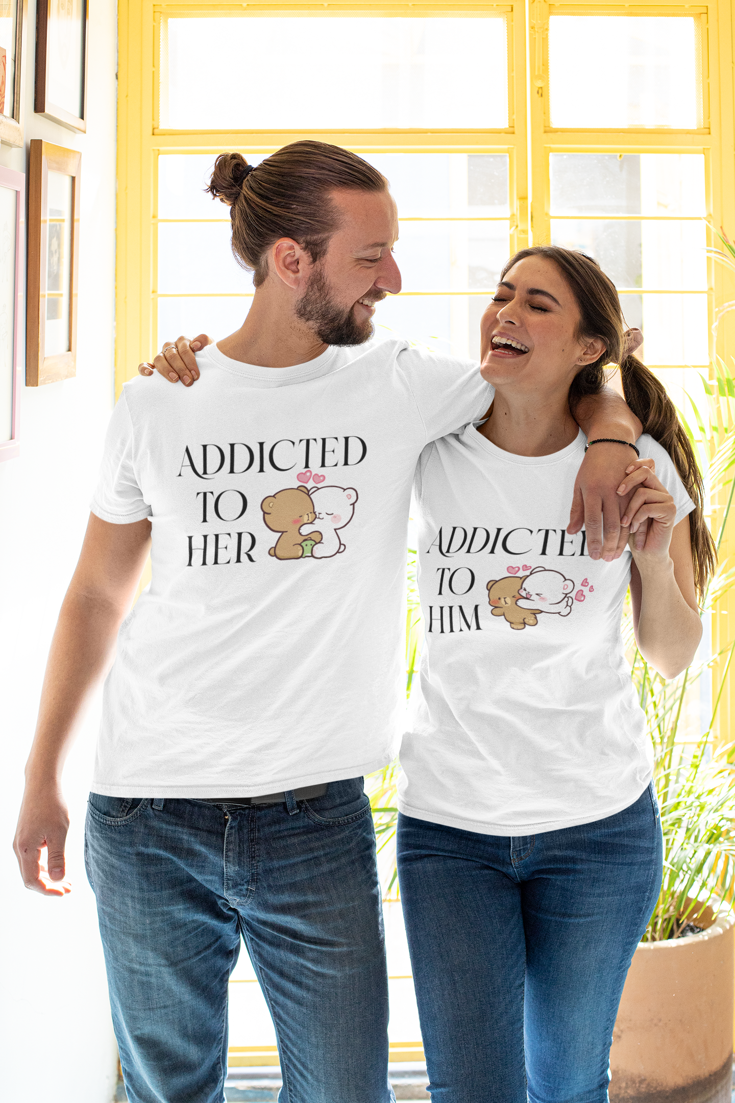 Addicted To Him Couple Half Sleeves T-Shirts -FunkyTeesClub