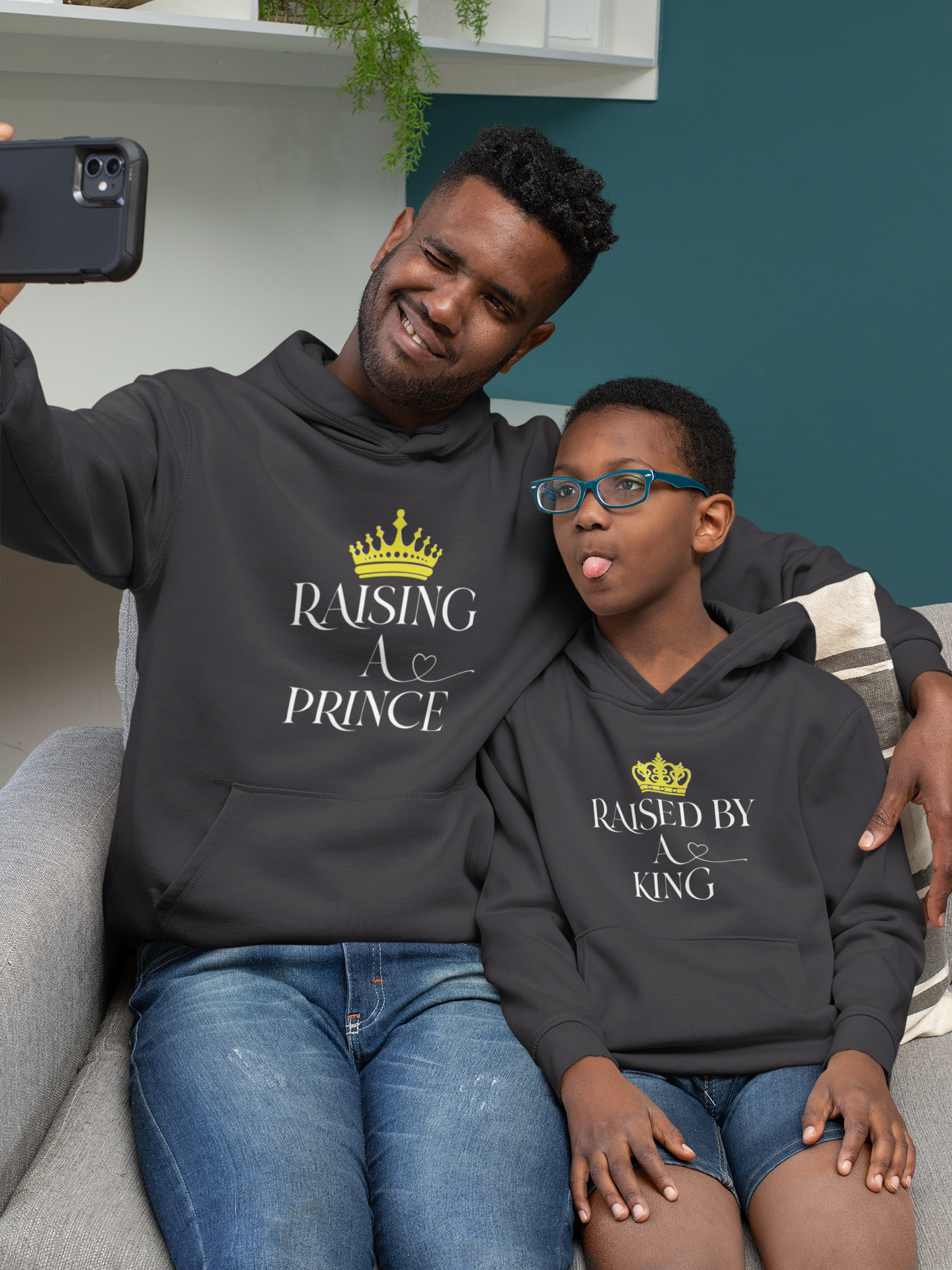Raised By A King Father and Son Black Matching Hoodies- FunkyTeesClub
