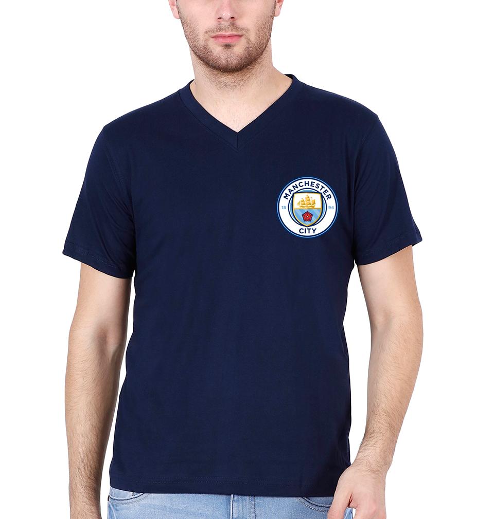Manchester City Logo Men V Neck Half Sleeves T-Shirts-FunkyTeesClub
