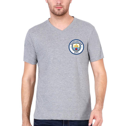 Manchester City Logo Men V Neck Half Sleeves T-Shirts-FunkyTeesClub
