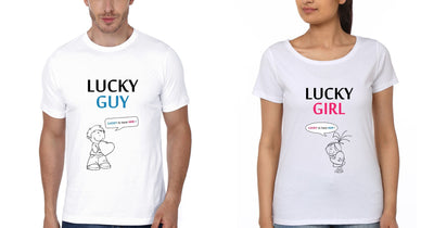 Lucky Guy Couple Half Sleeves T-Shirts -FunkyTees