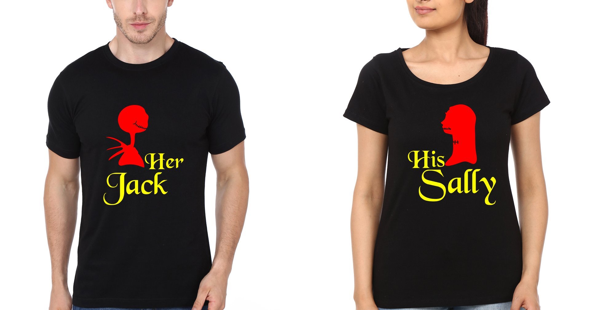 Jack Sally Couple Half Sleeves T-Shirts -FunkyTees