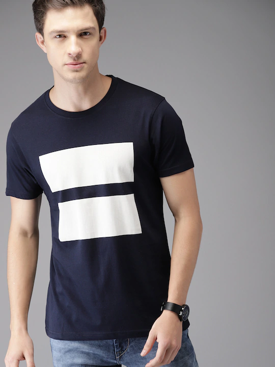 Navy Blue Printed Stripe Round Neck Mens Half Sleeves T-shirt- FunkyTeesClub